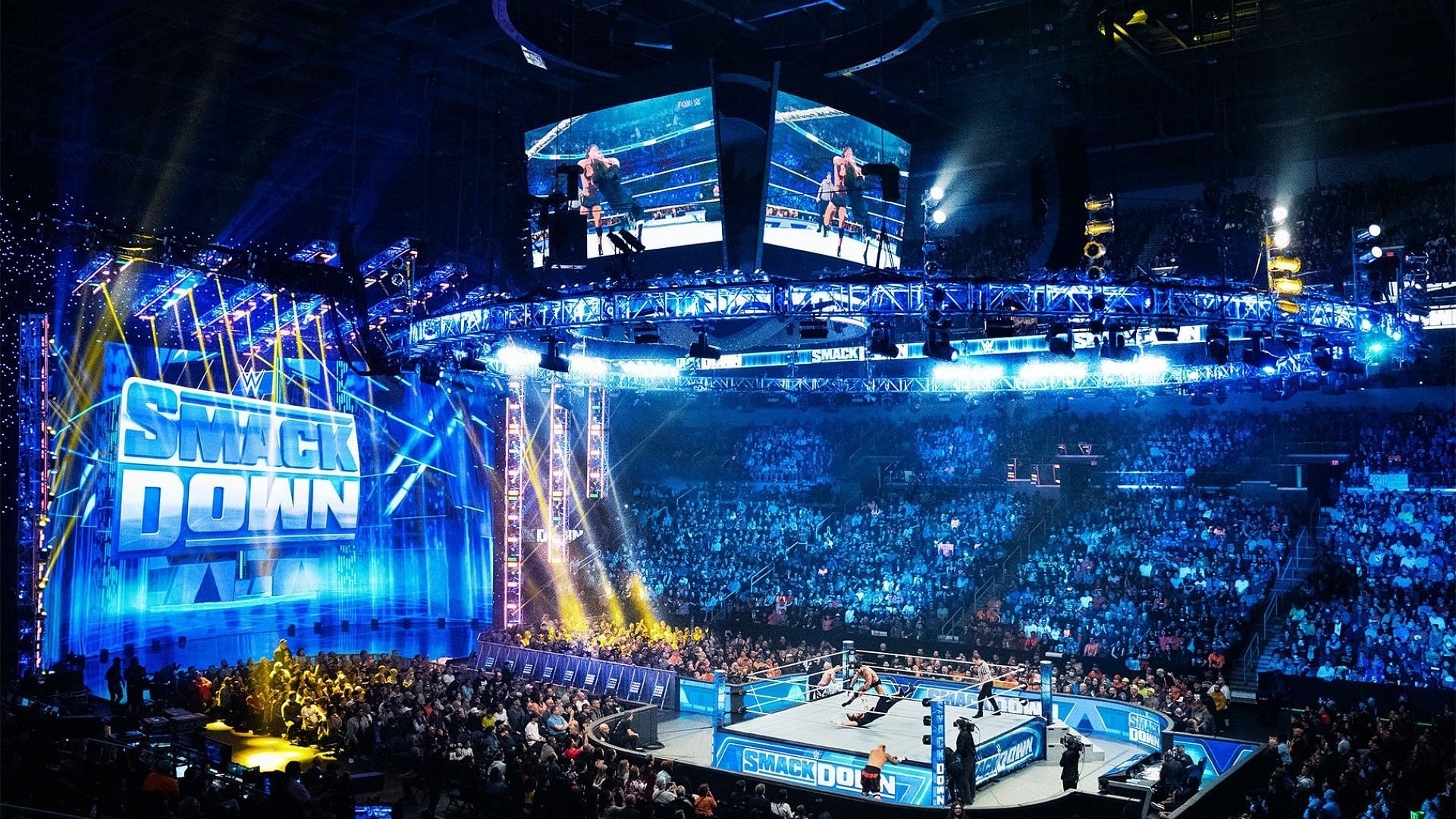 The WWE SmackDown ring and stage/set on display inside arena