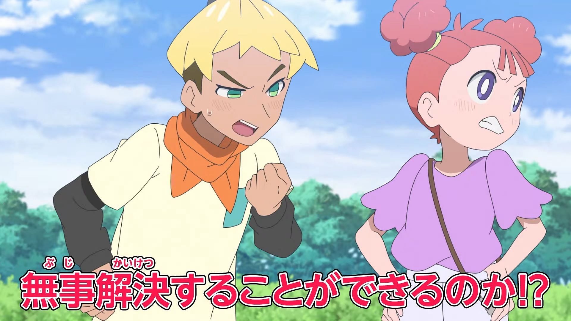 Two trainers seem to disagree about their respective Oinkologne in Pokemon Horizons Episode 36 (Image via The Pokemon Company)
