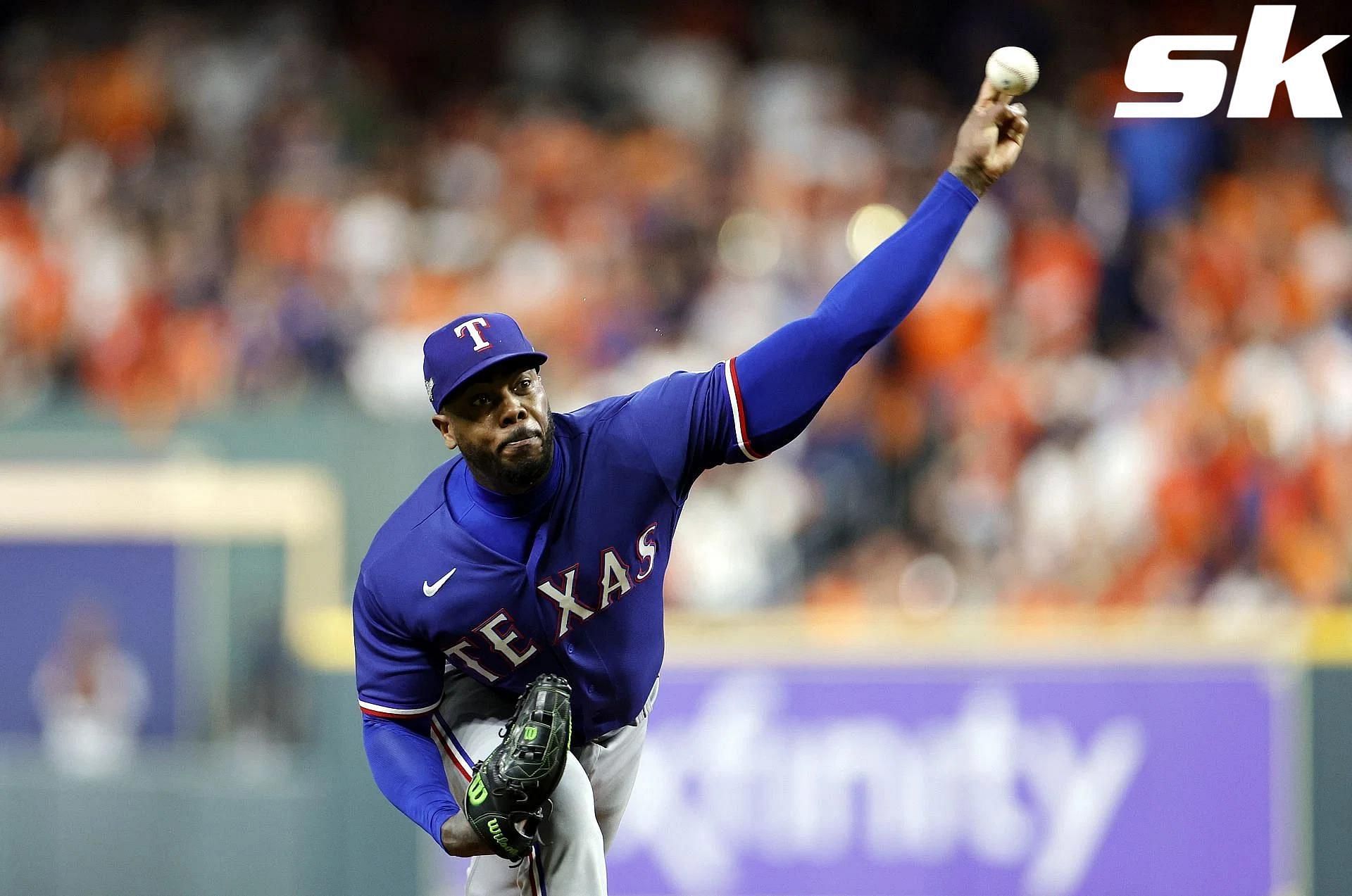 Aroldis Chapman pitching for the Rangers