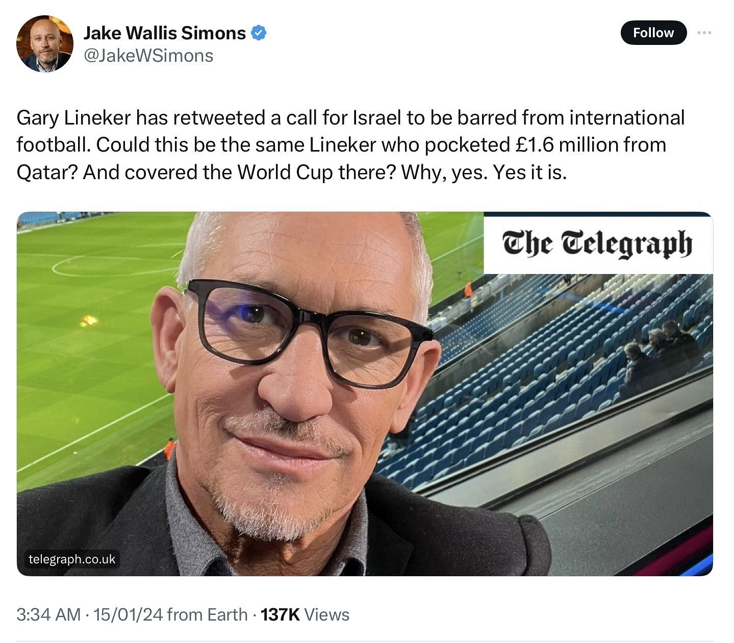 Tweets from people criticizing Lineker&#039;s call for banning Israel from sports (Image via @JakeWSimons/X)