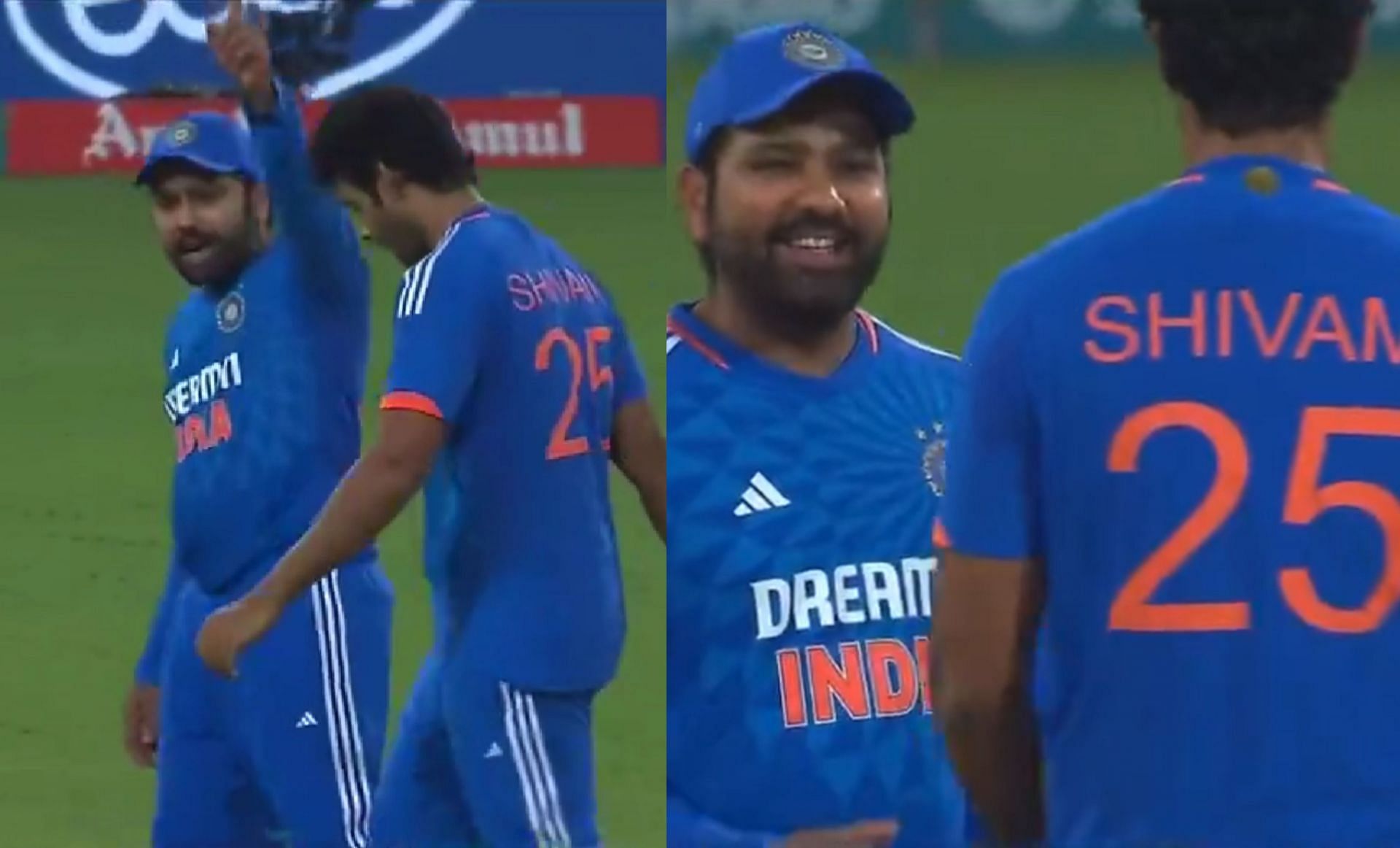 Rohit Sharma with Shivam Dube during 1st innings on Sunday. 