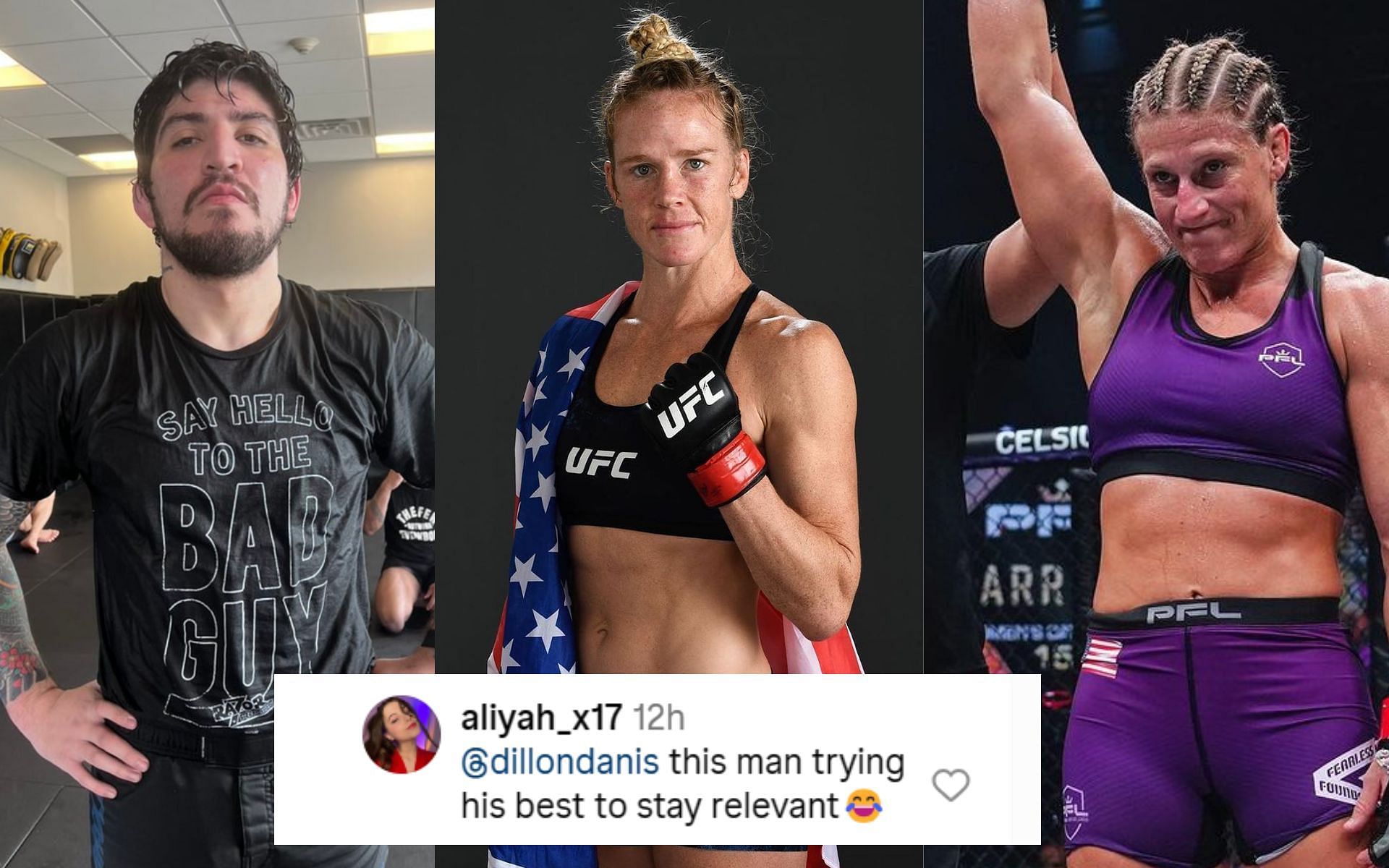 Dillon Danis (left), Holly Holm (center), and Kayla Harrison (right) (Images courtesy @dillondanis, @hollyholm, and @kaylaharrisonofficial on Instagram)