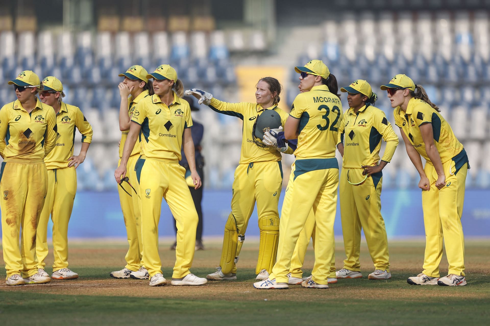 Australia Women&rsquo;s team waits for a review during a game against India. (Pic: Getty Images)