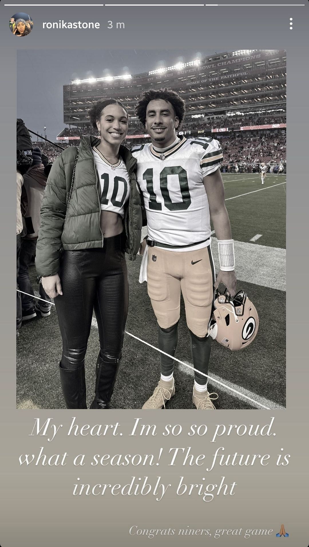 Ronika Stone&#039;s heartfelt message for her boyfriend after Packers lose 21-24 to the 49ers