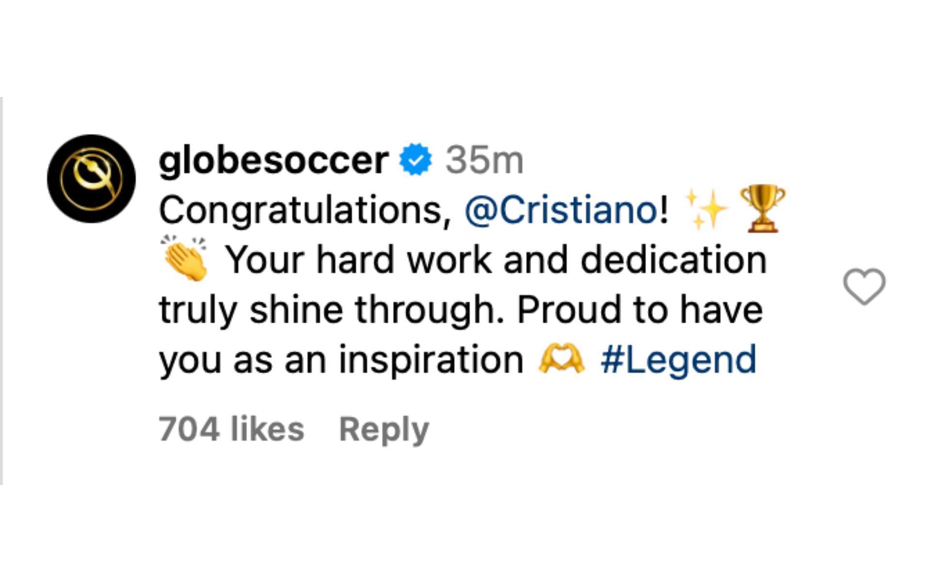 Globe Soccer congratulated Cristiano Ronaldo on the awards he won at their ceremony [Photo Courtesy @cristiano on Instagram]