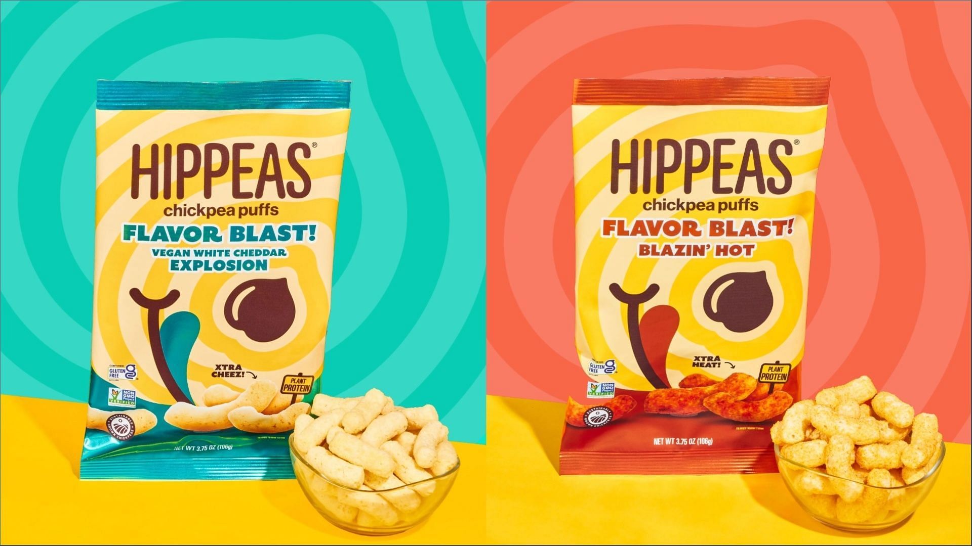 The new Flavor Blast! Chickpea Puffs come in White Cheddar Explosion and Blazin&#039; Hot varieties (Image via Hippeas)