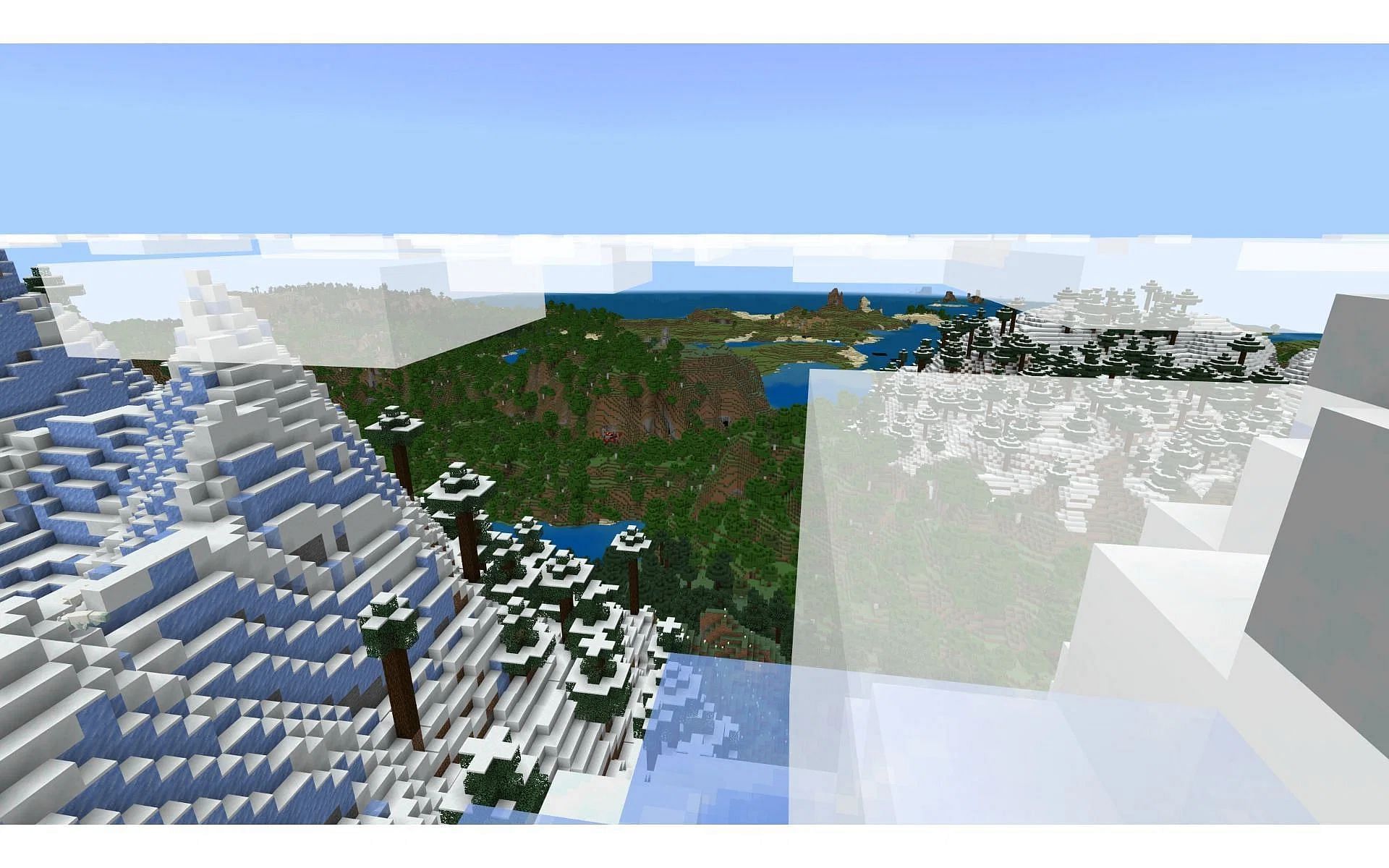 A short walk from spawn, players will encounter a village with a docked ship on the outskirts of the snow (Image via Mojang)