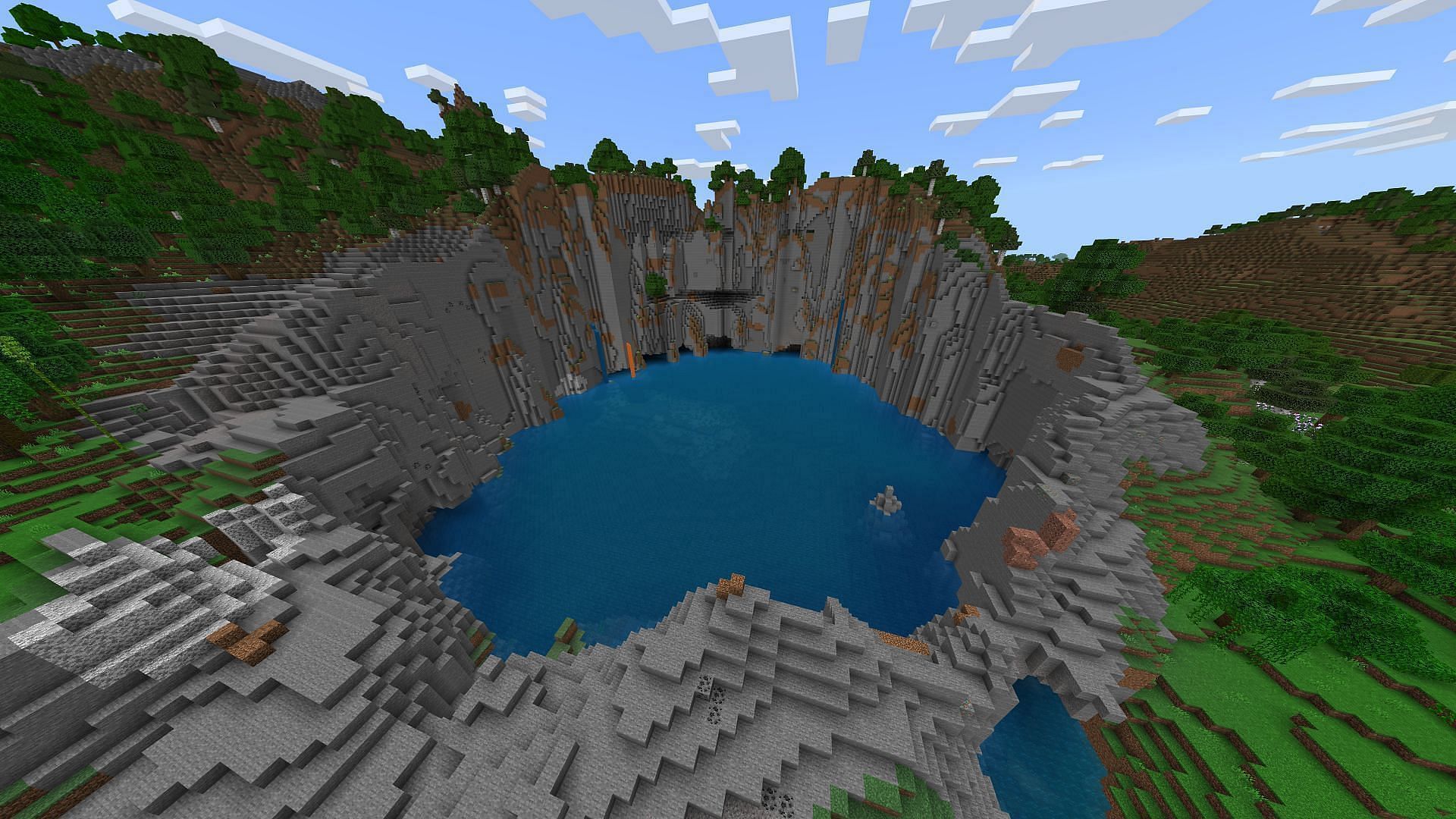 The crater in this Minecraft seed is filled to the brim with places to explore (Image via Rusty_Amunition/Reddit)