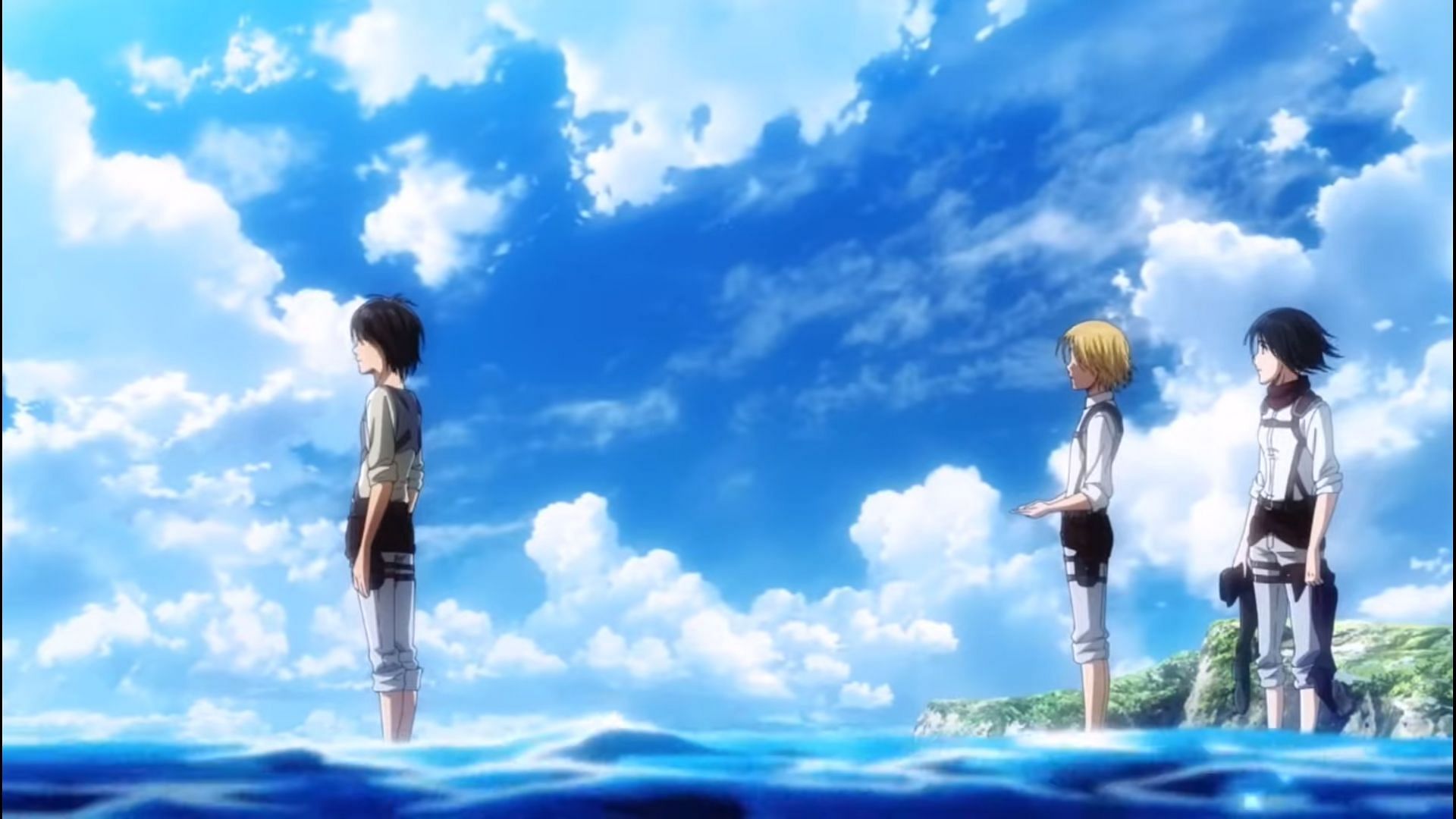 Eren, Armin and Mikasa at the sea (Image via MAPPA)
