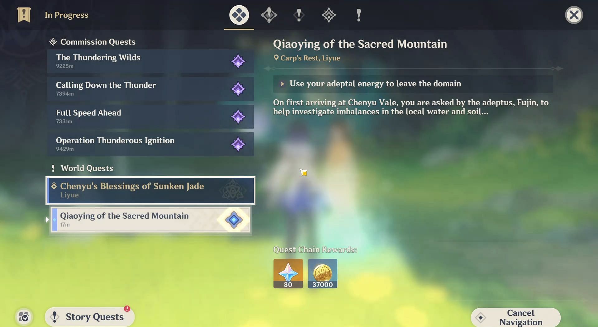 Complete the Chenyu&#039;s Blessing of Sunken Jade World Quest (Image via HoYoverse)
