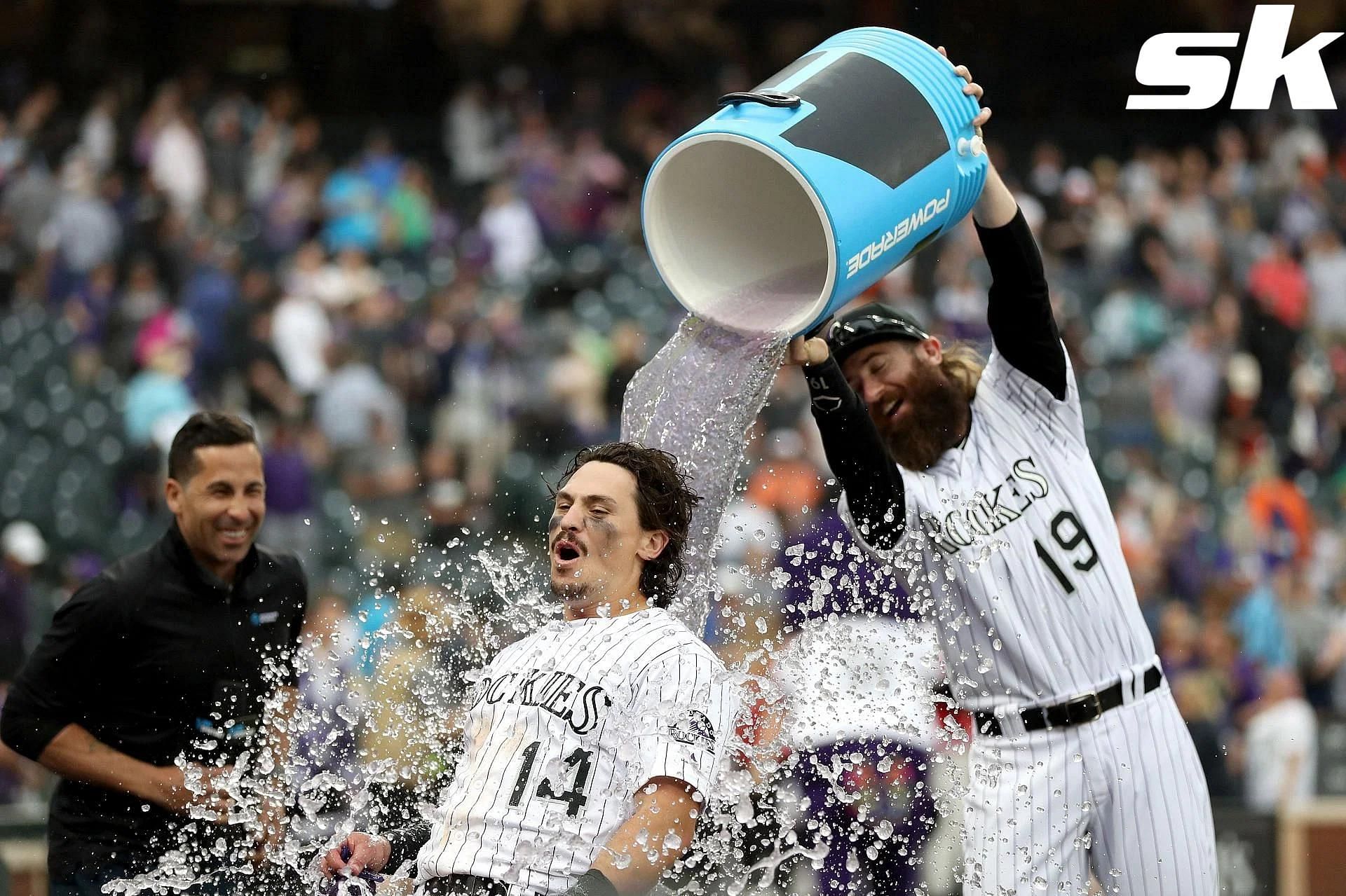 Tony Wolters celebrating for the Rockies 