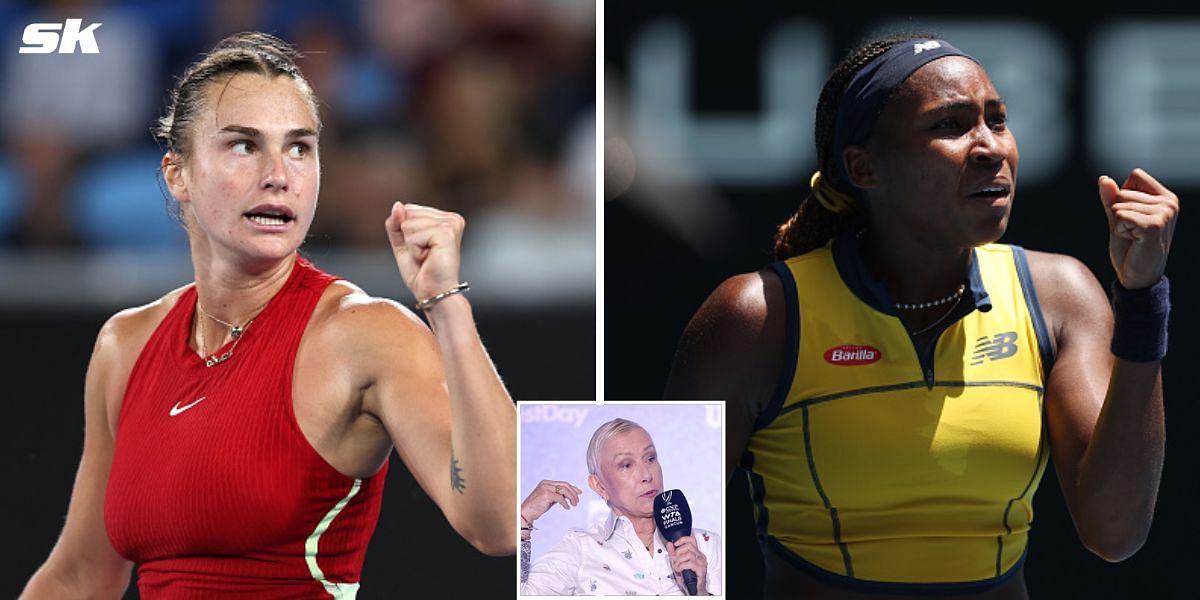 Aryna Sabalenka (L), Martina Navratilova (inset) and Coco Gauff (R)