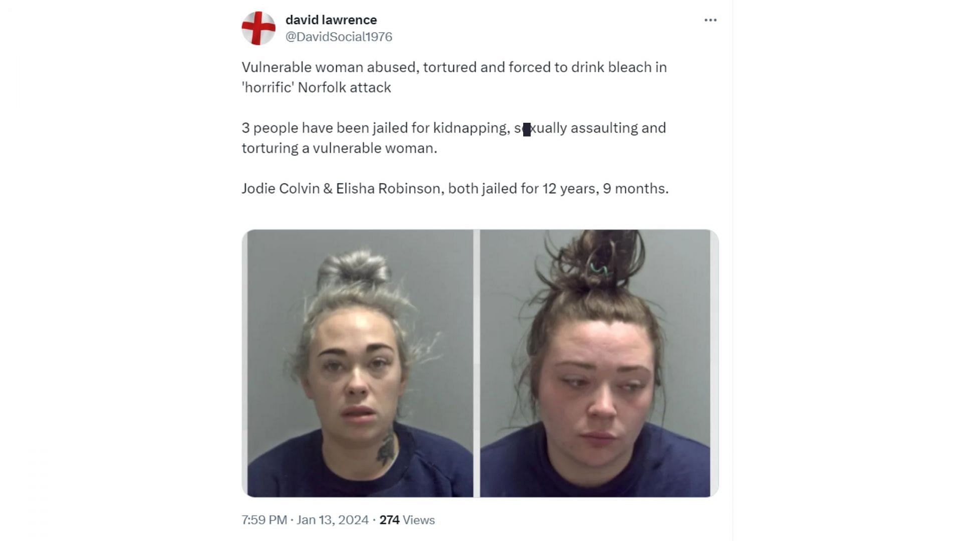 Jodie Colvin (L) &amp; Elisha Robinson (R), were both jailed for 12 years and nine months for allegedly assaulting (Image via X/@DavidSocial1976)