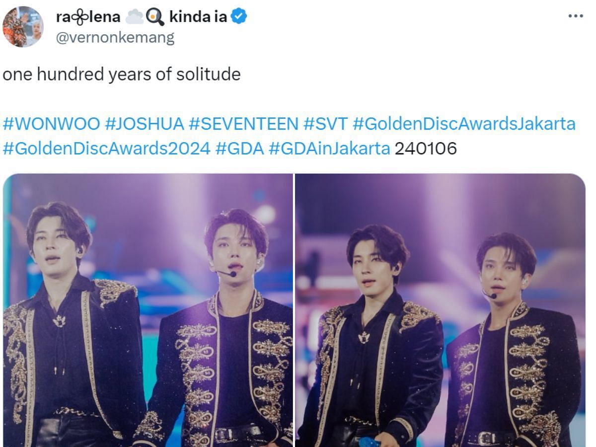 Fans swoon over SEVENTEEN&rsquo;s look for the 2024 Golden Disc Awards (Image via Twitter/@vernonkemang)