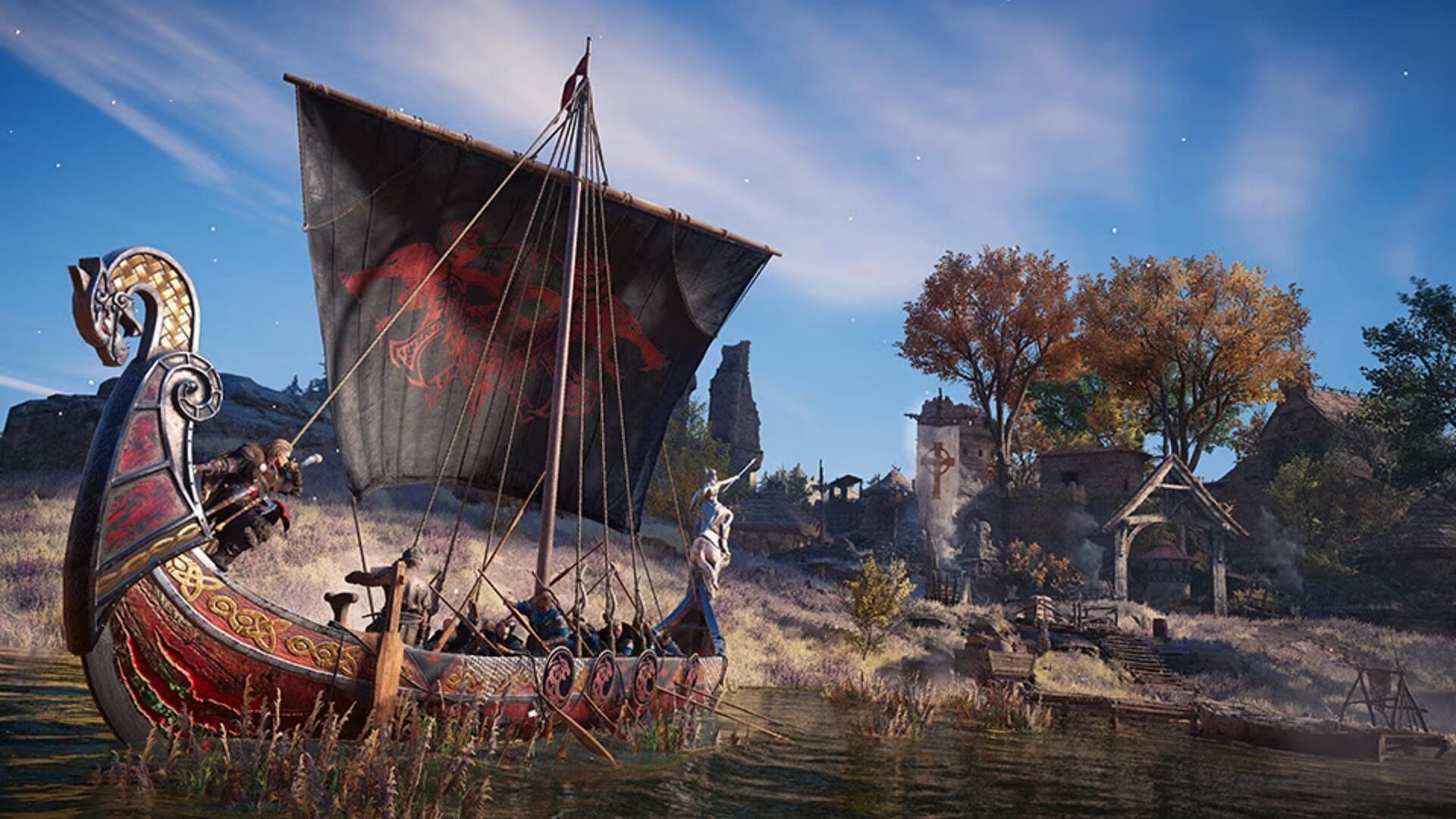 Players can raid regions by traveling along the riverbank in their longboats. (Image via Ubisoft)