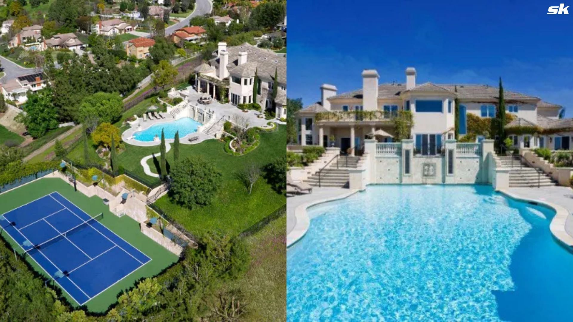 Exterior of the Laguna Hills mansion: a championship tennis court (L) and a swimming pool (R)