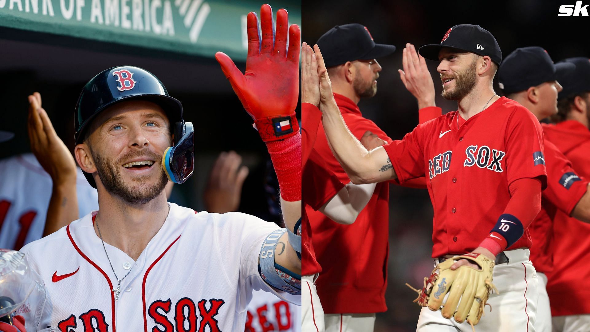 Trevor Story of the Boston Red Sox celebrates after defeating the Chicago White Sox at Fenway Park