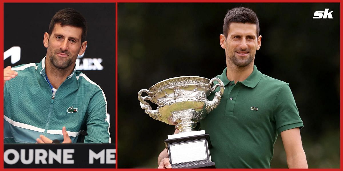 Novak Djokovic with the 2023 Australian Open trophy