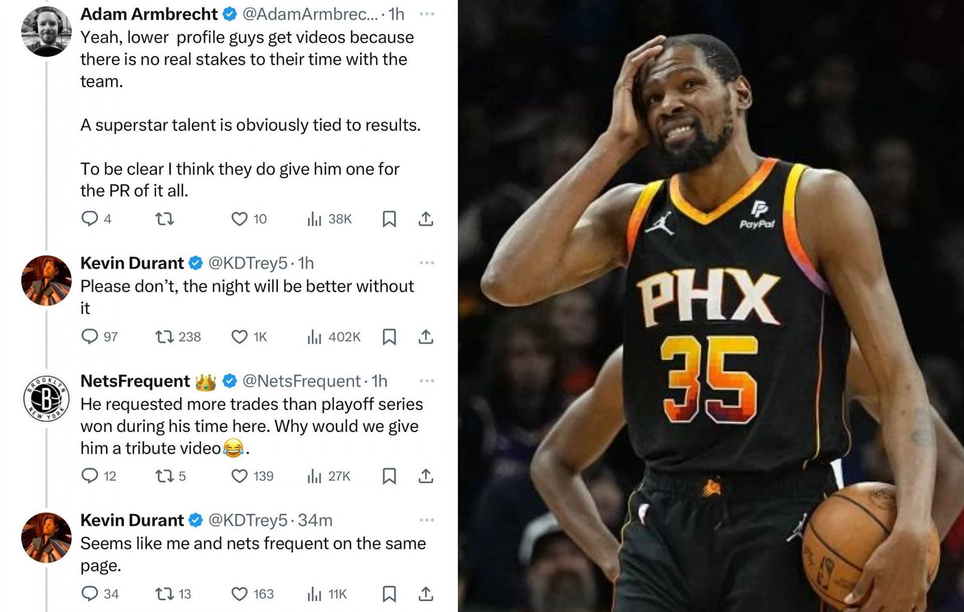 Kevin Durant replies on social media whether he deserves a tribute video when Phoenix plays Brooklyn