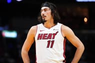 Jaime Jaquez Jr. #11 of the Miami Heat looks on against the Houston Rockets during the first half at Kaseya Center on January 08, 2024 in Miami,...