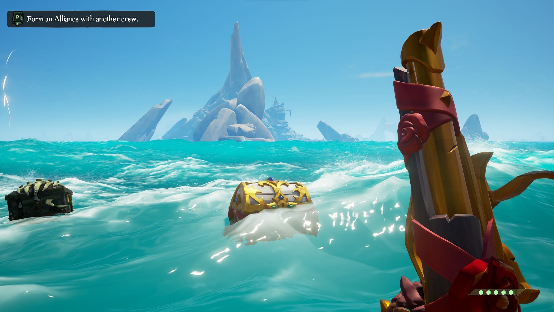 Chest of Fortune, as seen floating in the water after defeating the fleet. (Image via Rare)