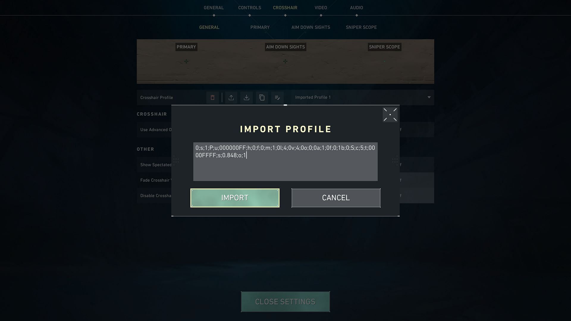 The Import profile box used to copy Valorant crosshair settings (Image via Riot Games)