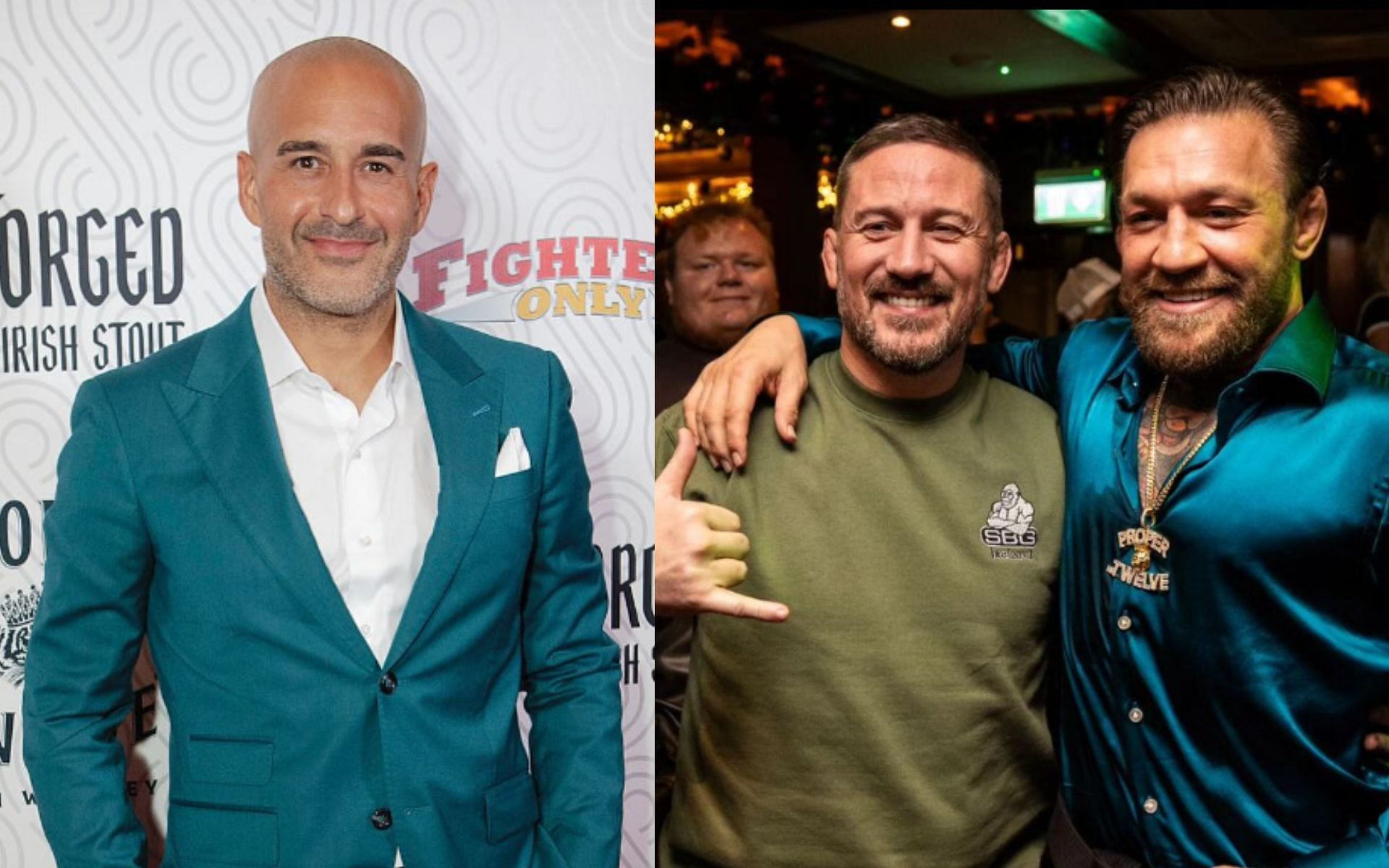 Jon Anik (left) receives words of support from John Kavanagh (middle right), the coach of Conor McGregor (far right) [Images Courtesy: @anikandflorianpod and @ocach_kavanaghon Instagram]