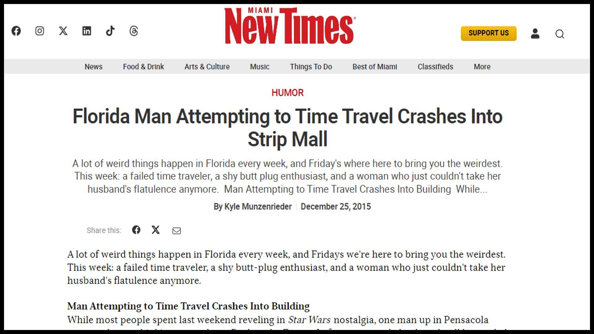 A screenshot of the news from a news source (Image via Miami New Times)