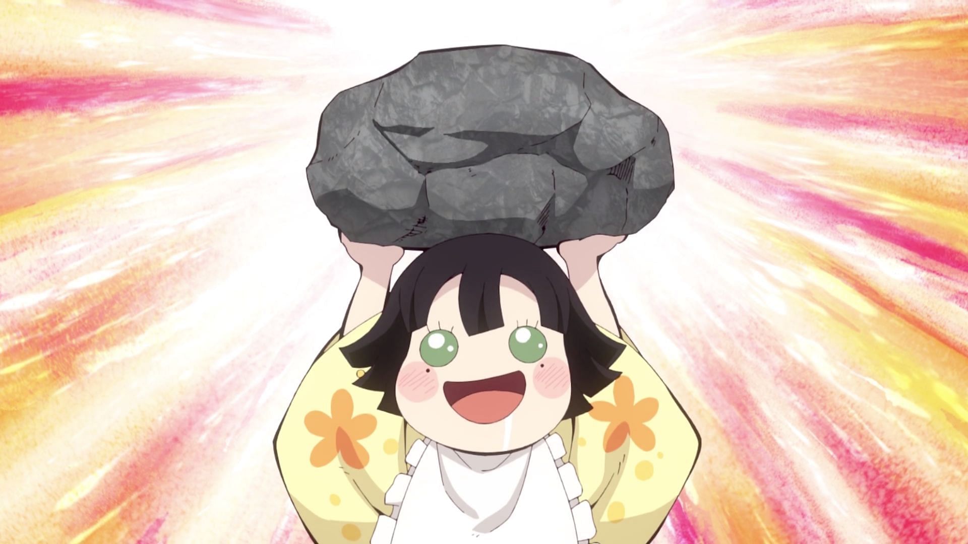 Mitsuri lifting a heavy stone when she was a child (Image via Ufotable)