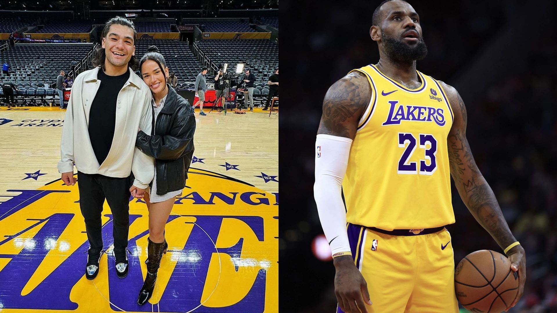 Puka Nacua with his girlfriend, Hallie Aiono, at the Los Angeles Lakers home court and LeBron James