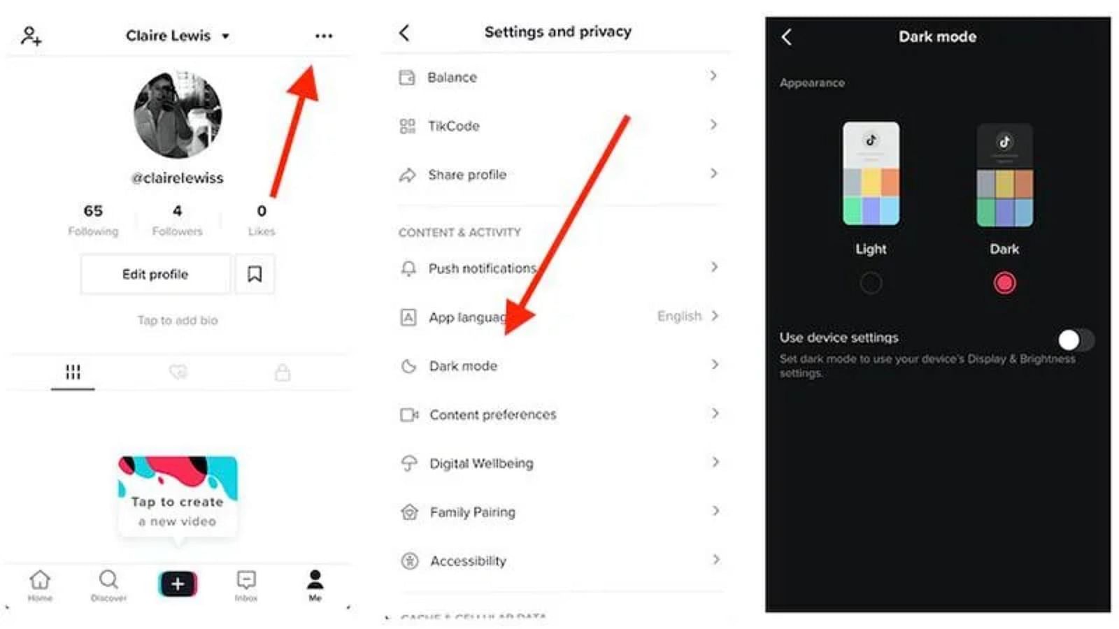 mode sombre tiktok sur android