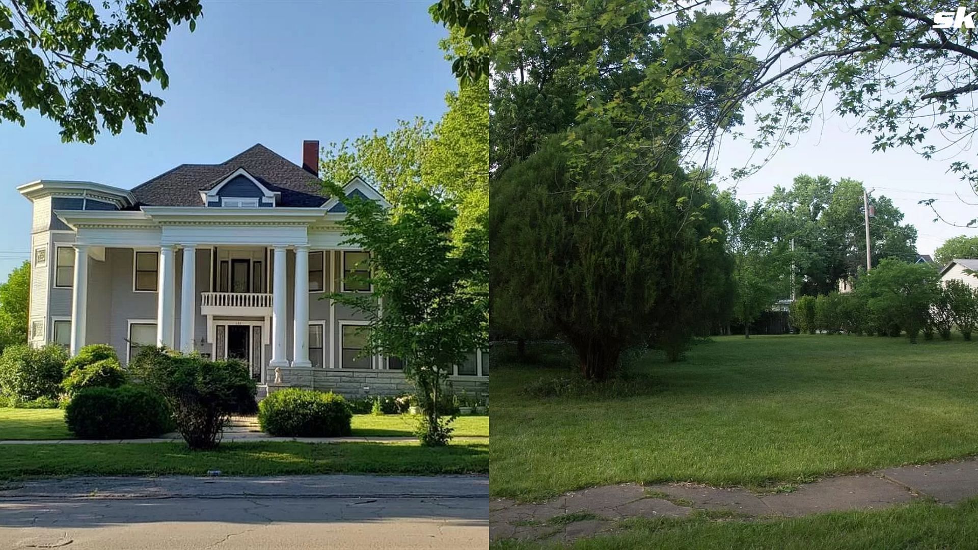 Front exterior view of the mansion and the lush green front lawns