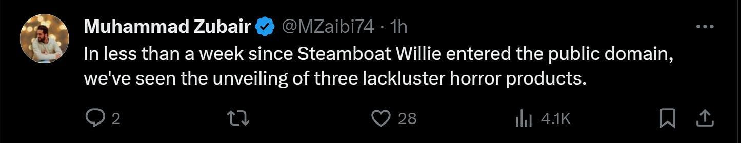 A tweet reply to DF&#039;s post about Steamboat Willie (Image via X)