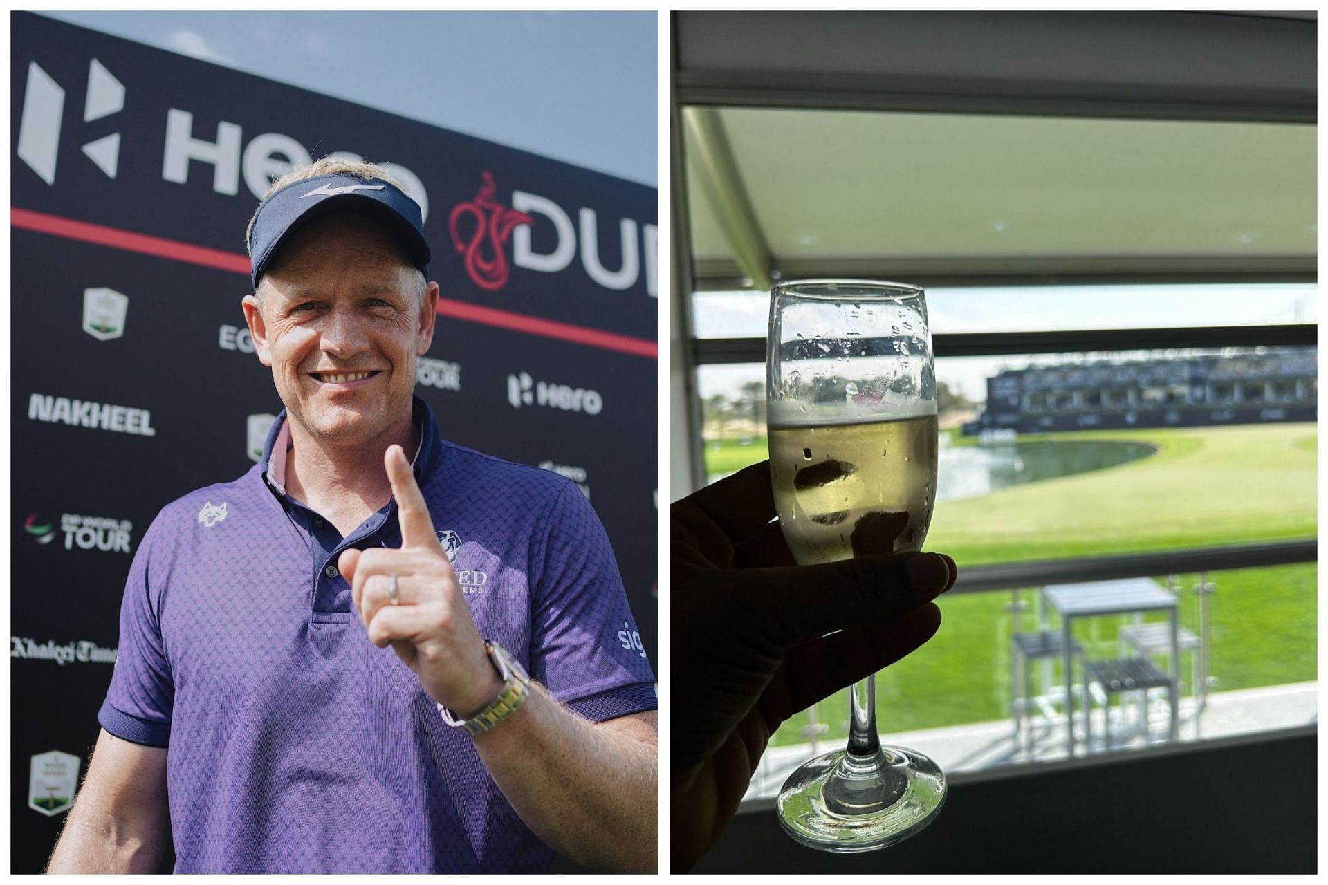 Luke Donald treated the media centre with champagne after acing a hole at the Hero Dubai Desert Classic