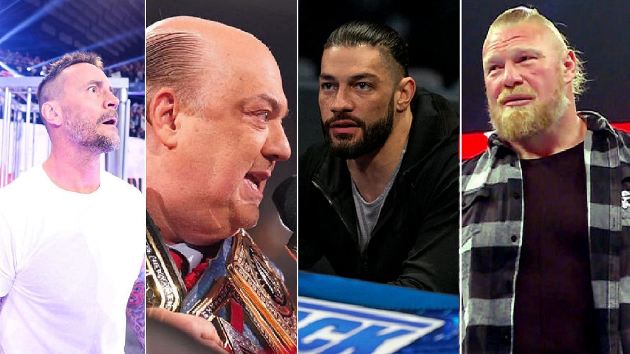 Punk, Heyman, Reigns, and Lesnar (left to right)