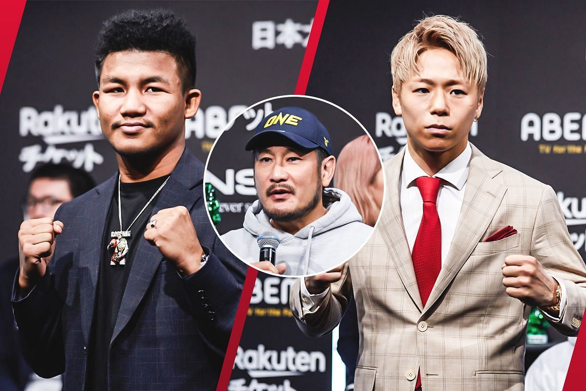 Rodtang (left), Takeru Segawa (right), ONE Championship CEO Chatri Sityodtong (circle inset).