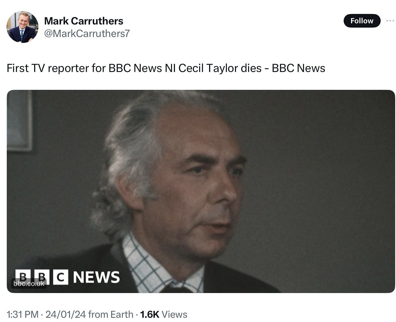 BBC reporter Cecil Taylor dies at the age of 96 (Image via @MarkCarruthers7/X)