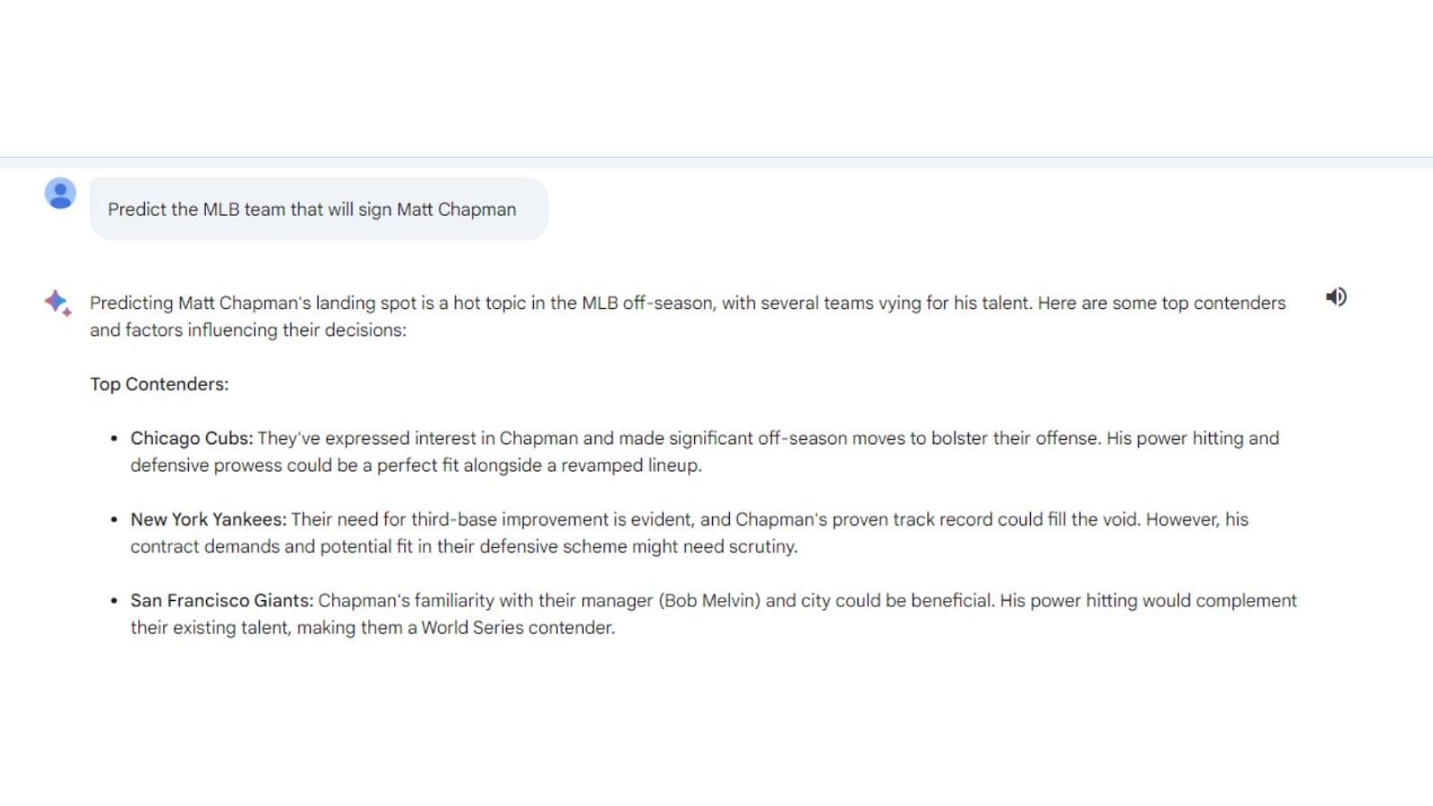 Screenshot of AI response about Chapman&#039;s next destination