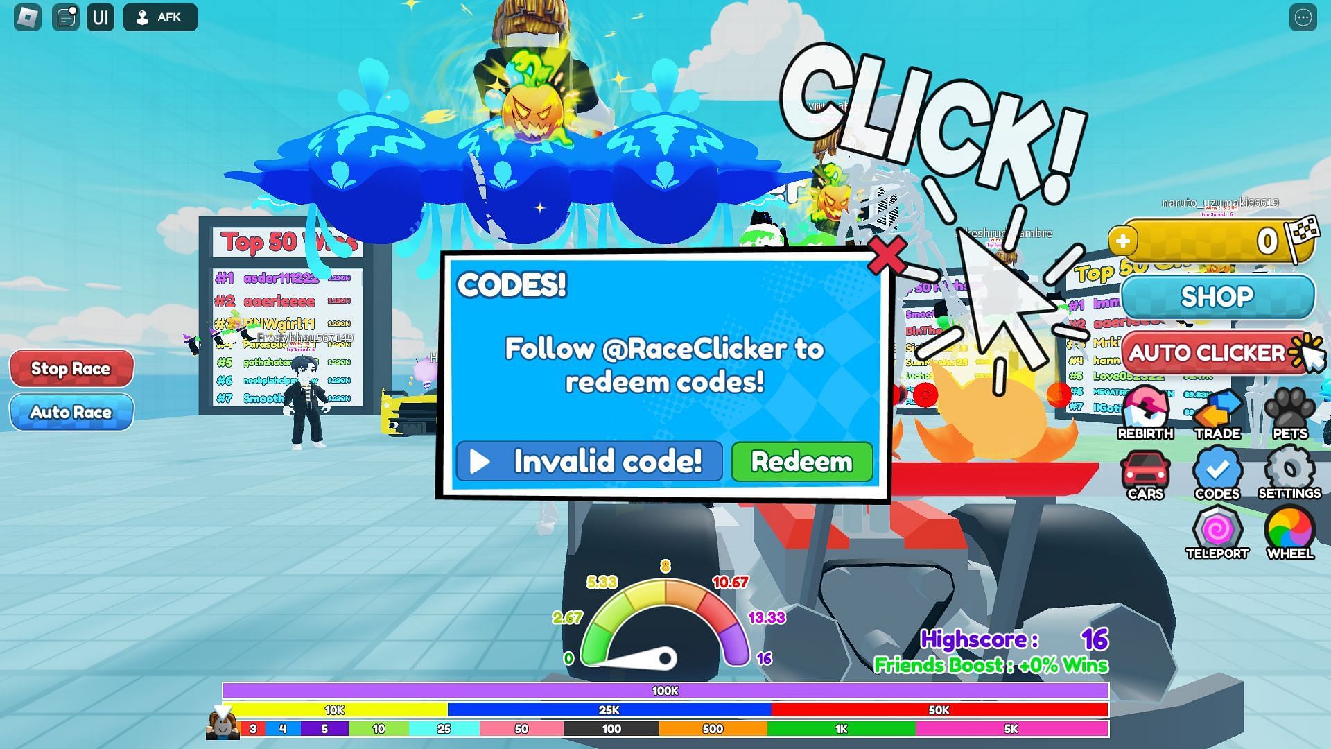 Invalid code in Race Clicker (Image by Roblox and Sportskeeda)