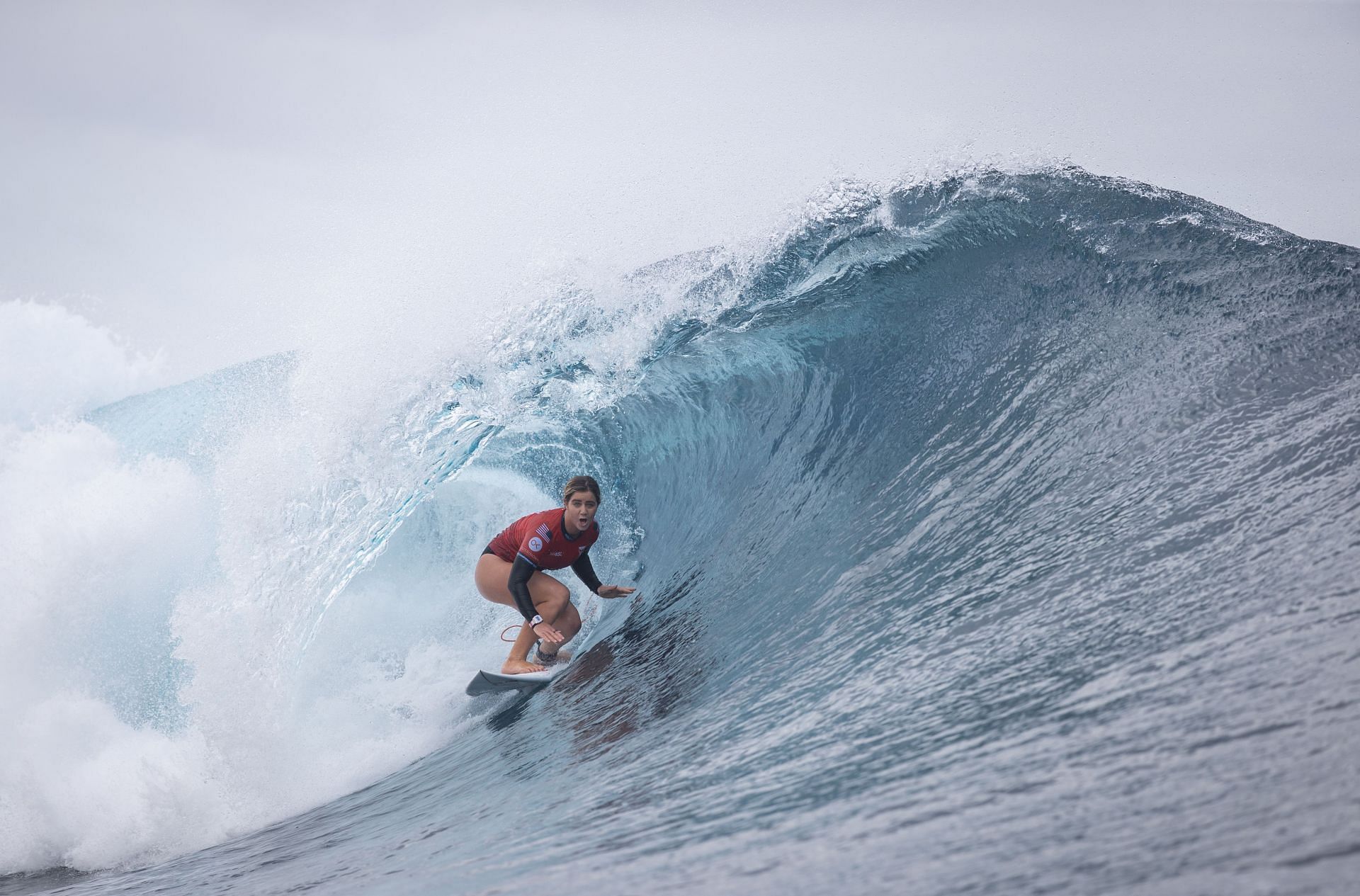 Caroline Marks during the 2023 SHISEIDO Tahiti Pro on August 16, 2023 in Teahupo&#039;o, French Polynesia. (Photo by Ryan Pierse/Getty Images)