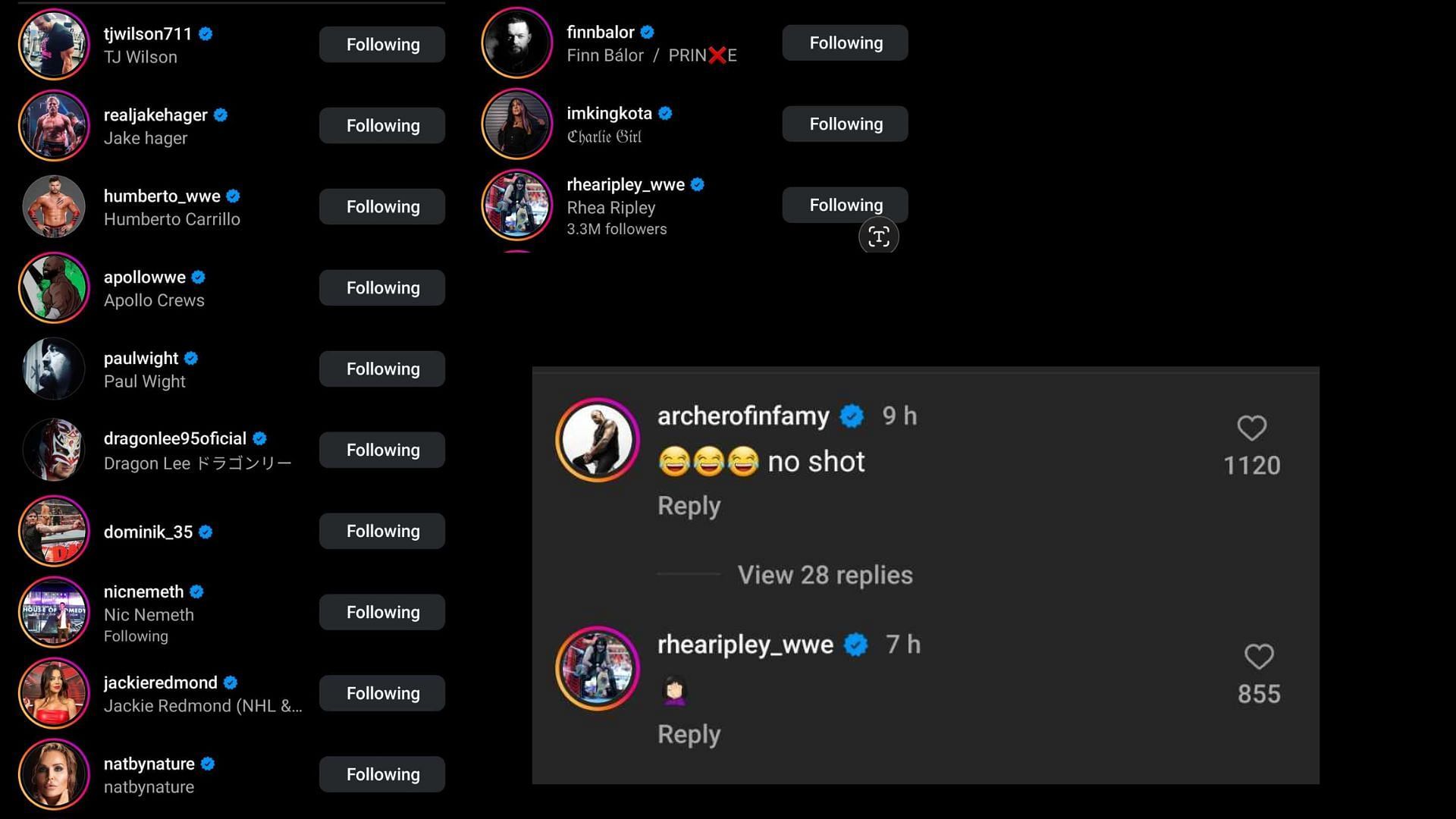Screenshot of stars&#039; likes and comments on R-Truth&#039;s Instagram post