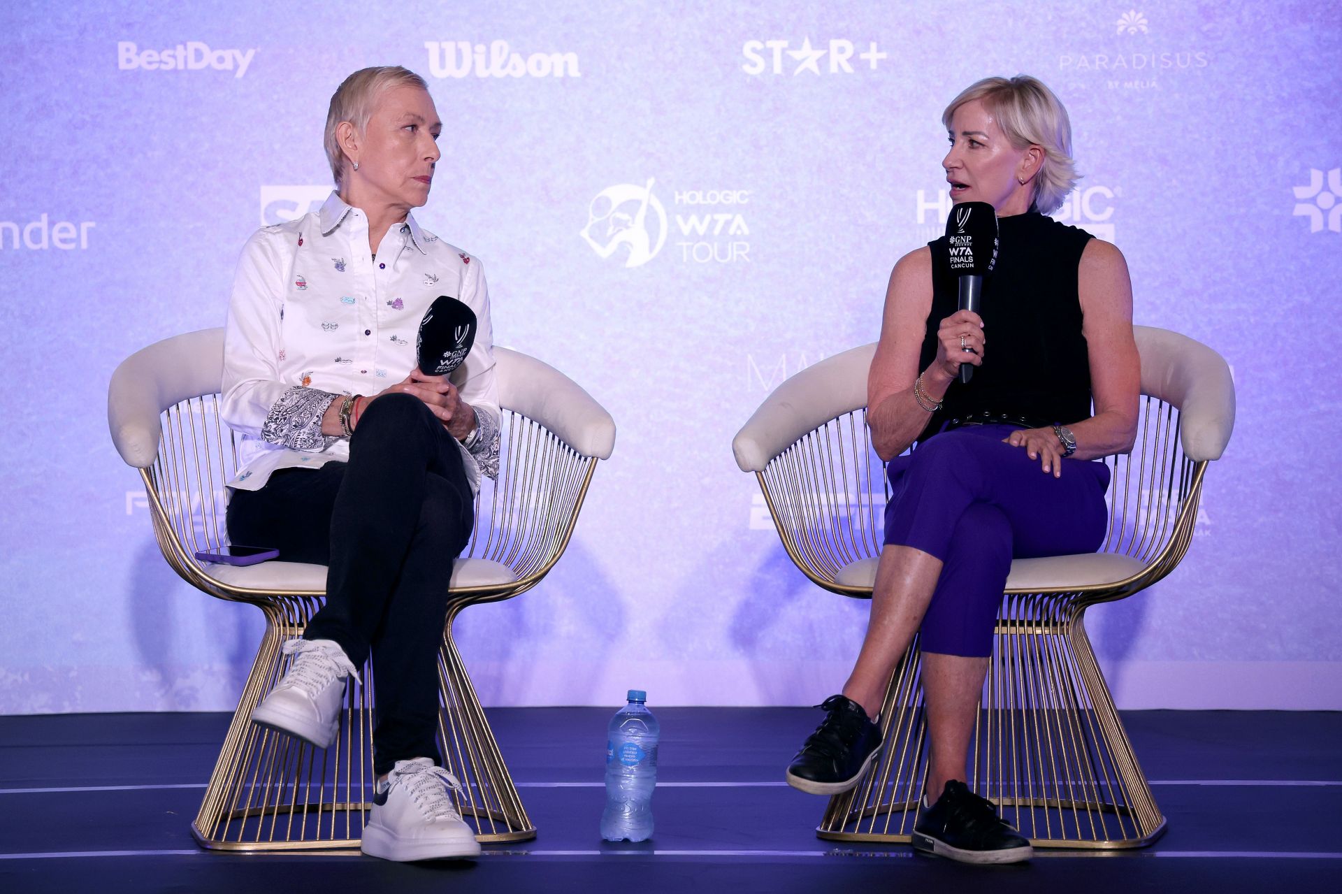 Martina Navratilova and Chris Evert speaking to the press at the 2023 WTA Finals