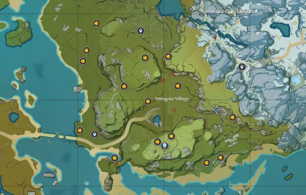 Berry locations near Mingyun Village (Image via Official Interactive Teyvat map)