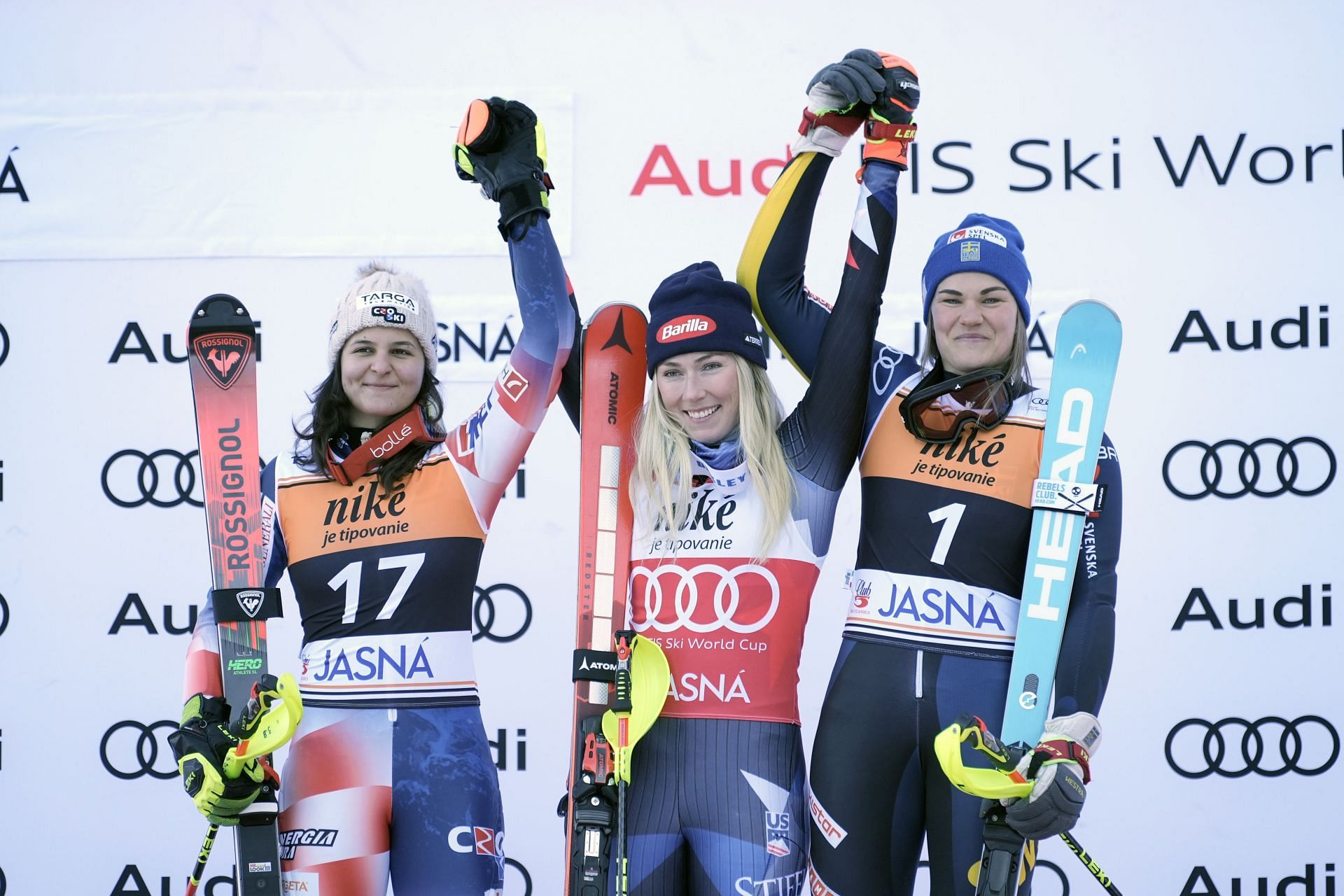 Mikaela Shiffrin,Zrinka Ljutic and Anna Swen Larrson at Audi FIS Alpine Ski World Cup - Women&#039;s Slalom