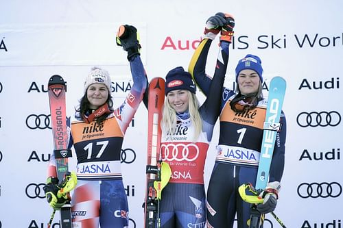 Mikaela Shiffrin,Zrinka Ljutic and Anna Swen Larrson at Audi FIS Alpine Ski World Cup - Women's Slalom