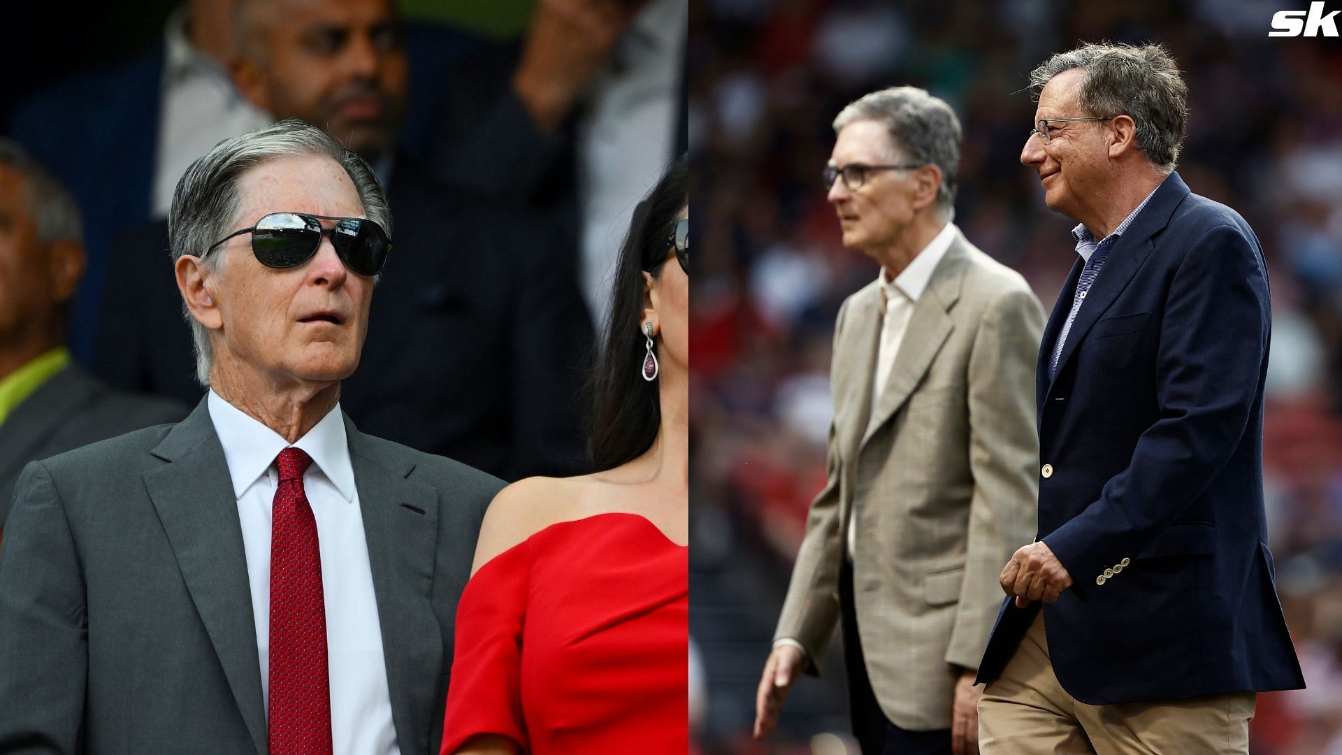 Chairman of the Boston Red Sox Tom Werner and principle owner John Henry walk on the field before the game between the Boston Red Sox and the New York Yankees at Fenway Park
