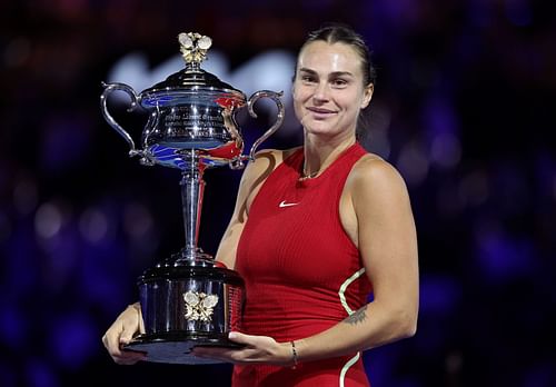 Aryna Sabalenka with the 2024 Australian Open trophy