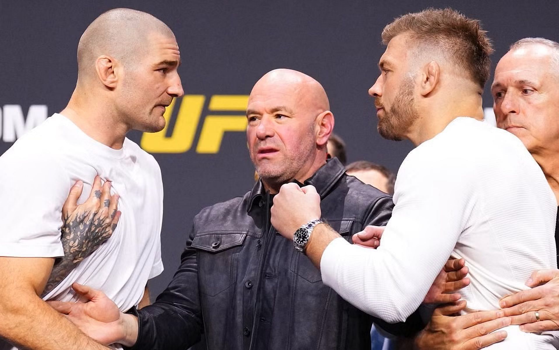 Sean Strickland (left) and Dricus du Plessis (right) face off during the UFC 2024 seasonal press conference [Image: Chris Unger/Zuffa via Getty Images]