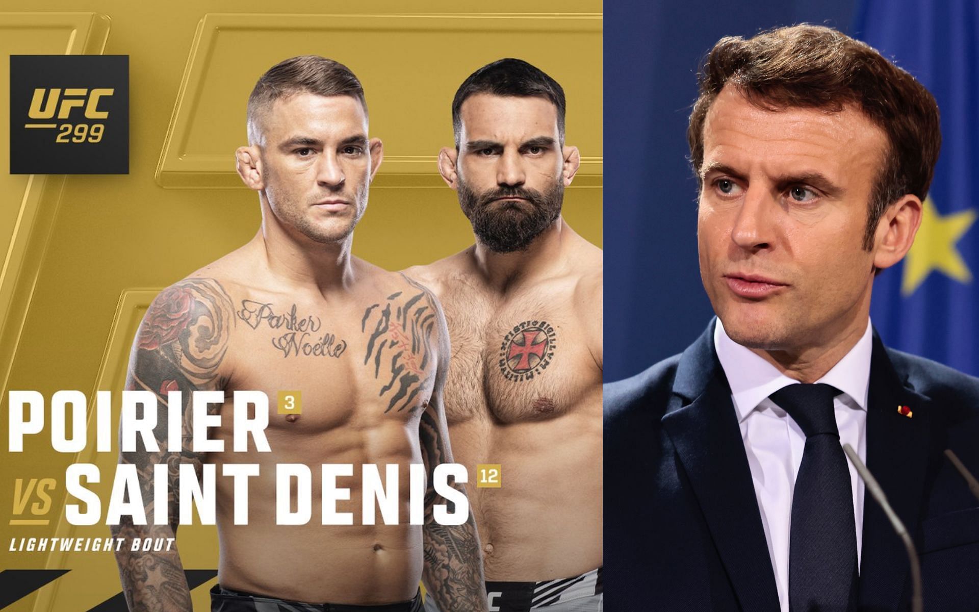 Dustin Poirier vs Benoit Saint-Denis (left) and French president Emmanuel Macron (right). [via UFC and Getty Images]