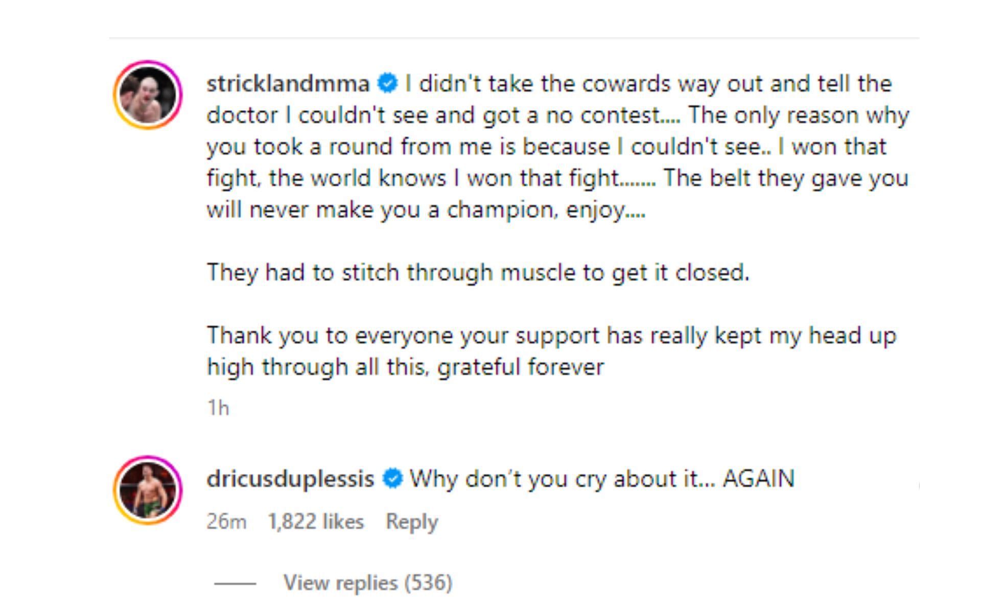 Sean Strickland&#039;s comments regarding his eye and du Plessis&#039; response [Image courtesy: @stricklandmma - Instagram]